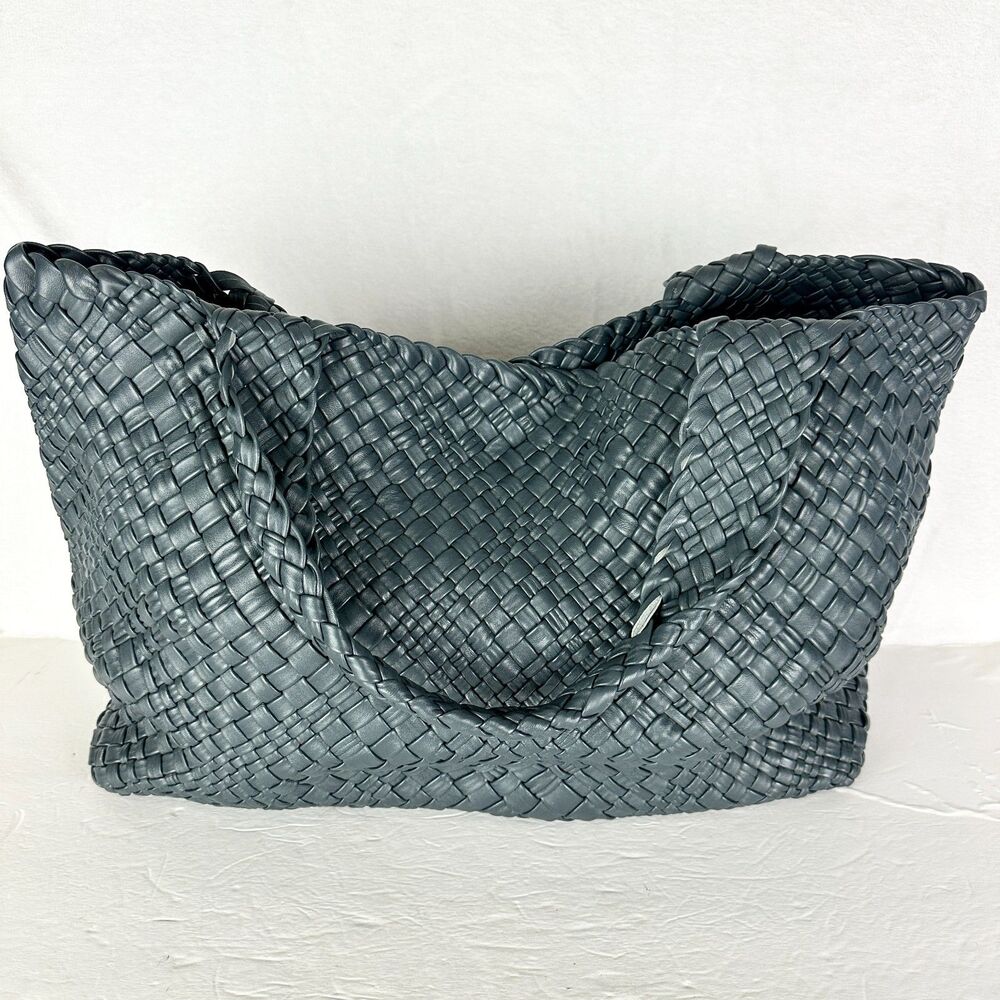Falor Firenze Leather Hand Woven Large Tote Bag Navy Blue